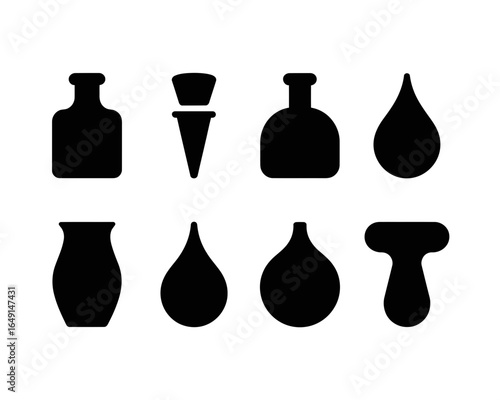 Collection of eight black silhouette icons representing various containers and shapes isolated on white background