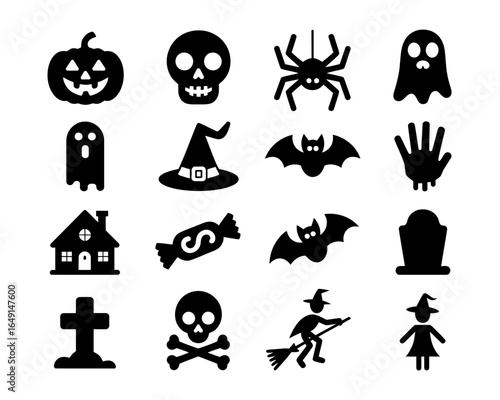 Collection of halloween icons including pumpkin skull spider ghost bat and witch silhouette isolated on white background