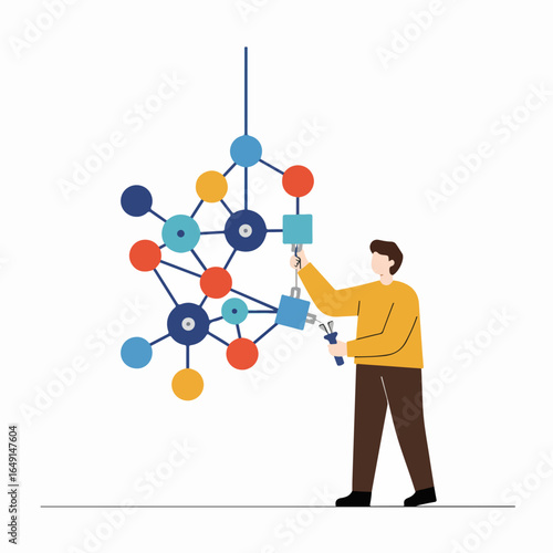 Man working on an abstract data network with tools, symbolizing system optimization, maintenance, and problem-solving in technology.