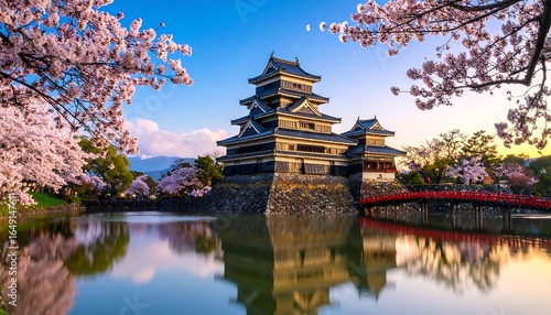 Matsumoto Castle and Cherry Blossoms Reflected in Calm Waters Under Blue Sky