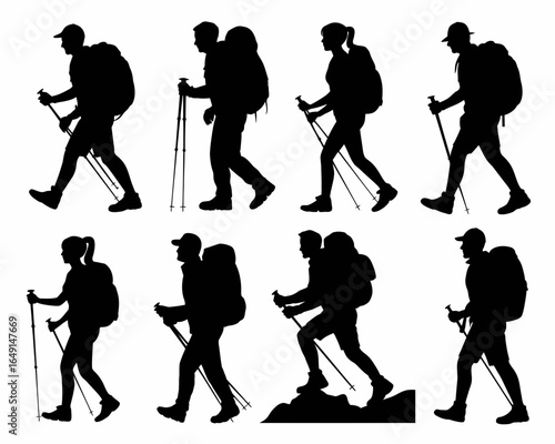 Diverse hikers with backpacks and trekking poles silhouette isolated on white background