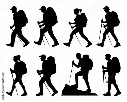 Diverse hikers with backpacks and poles in silhouette isolated on white background