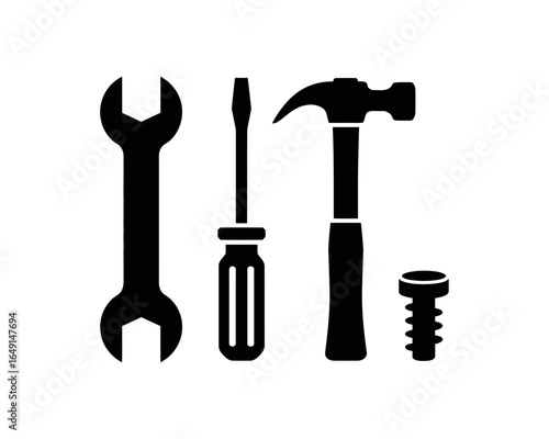 Collection of common hand tools including a wrench screwdriver hammer and screw isolated on white background silhouette