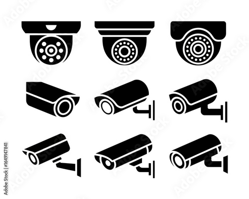Collection of security camera icons in silhouette style isolated on white background