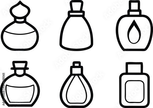 Collection of six perfume bottle silhouettes isolated on white background