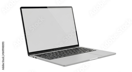 A modern, slim silver laptop computer is open with a blank white screen, isolated on a white background for mockup.