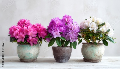 Wallpaper Mural Three potted flowering plants with vibrant pink, purple, and white blossoms arranged on a light gray against a neutral background Torontodigital.ca
