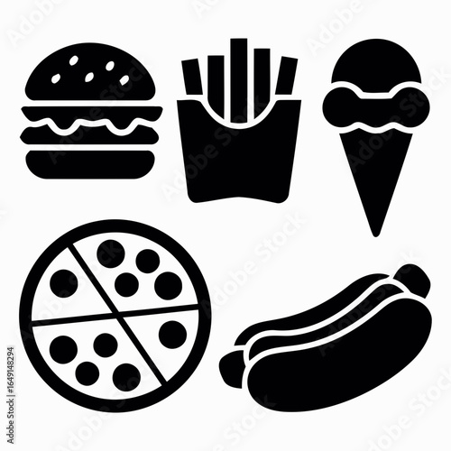 Collection of fast food icons including burger fries ice cream pizza and hot dog silhouette isolated on white background