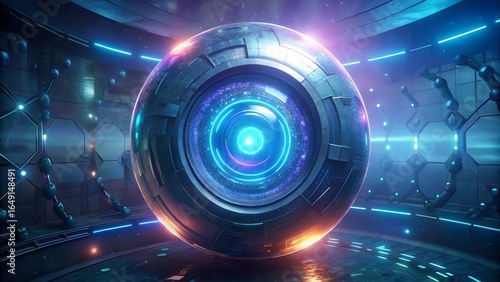 Futuristic metallic orb with glowing eye in a hightech environment