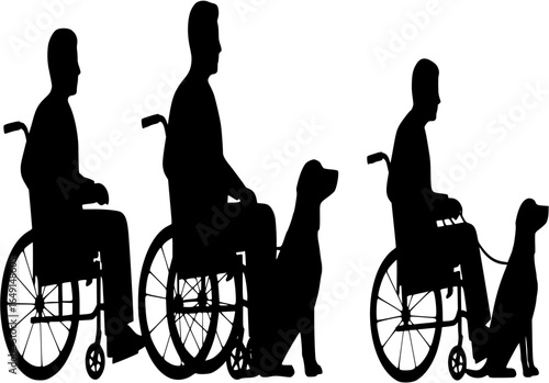 Silhouette of wheelchair user with service dog, disability support, mobility aid, inclusive society, assistance animal, companionship, inspiring bond, vector illustration