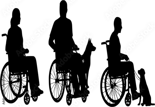 Silhouette of wheelchair user with service dog, disability support, mobility aid, inclusive society, assistance animal, companionship, inspiring bond, vector illustration