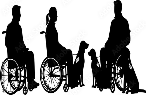 Silhouette of wheelchair user with service dog, disability support, mobility aid, inclusive society, assistance animal, companionship, inspiring bond, vector illustration