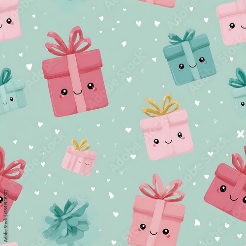 Colorful Gift Boxes on Turquoise Background with Cute Faces Design
