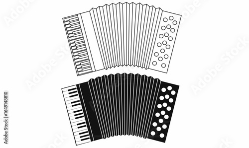 vector illustration of accordion musical instrument, showing piano keys, bellows, and button keys, used in folk, classical, and traditional music designs.outline, silhouette accordions icon set.