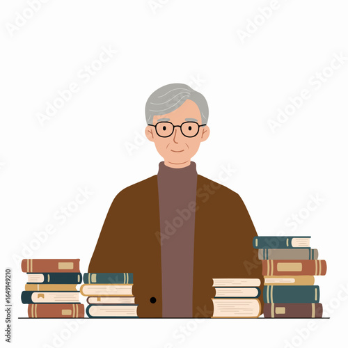 Illustration of an elderly person with grey hair and glasses, surrounded by stacks of books, representing knowledge, education, and lifelong learning.