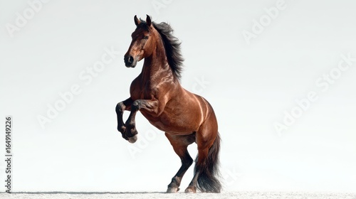 Majestic brown horse rearing on sandy ground showcasing strength and beauty during a sunny day