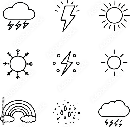 "Black and White Vector Illustration of Nine Weather Icons in 3x3 Grid Featuring Clouds with Lightning, Single Lightning Bolt, Sun Variants, Snowflake, Rainbow with Clouds, Raindrops, and Decorative S