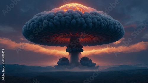 Dramatic depiction of a massive nuclear explosion with a glowing orange mushroom cloud rising above the landscape, illuminating the sky with intense fiery light.