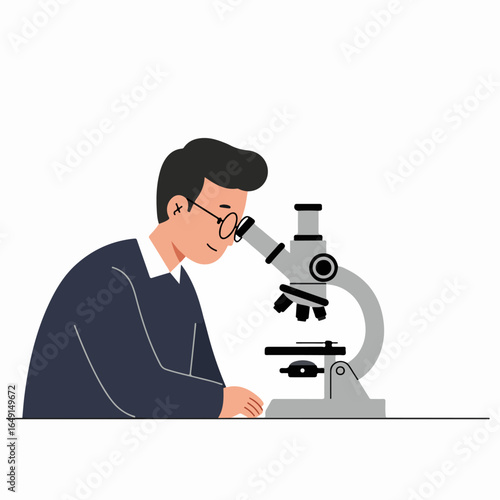 Smiling man in glasses using a microscope, engaged in scientific research and discovery with a modern illustration style.