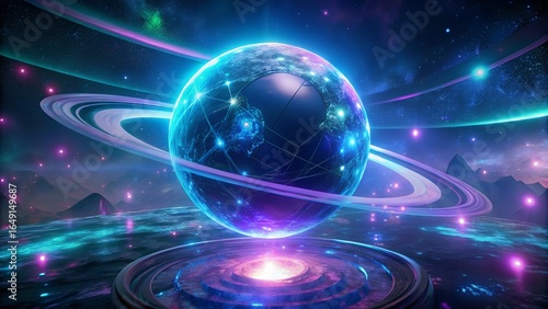 Glowing planet with rings in a cosmic landscape, a digital art creation