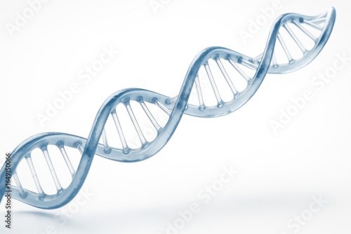 A striking double helix DNA model featuring a blue and white backbone with crystal-like atomic details, softly shadowed and set against a pure white background.