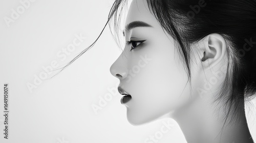 a beautiful chinese woman With a ponytail is peeking from the edge of a white background, only her half face is visible, in a simple, minimalistic style with high contrast between black and white, 