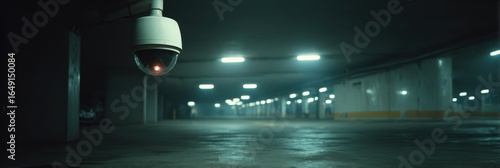 Security camera monitoring an empty underground parking lot at night with bright lights illuminating the space