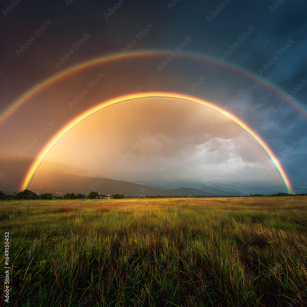 Naklejka premium A Majestic Display of Dual Rainbows Arcing Gracefully Over an Expansive, Sunlit Field Capturing Nature's Beauty in a Moment of Serene Tranquility and Awe-Inspiring Wonder