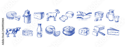 Hand drawn sketch milk and cheese dairy products set. Vector vintage illustration