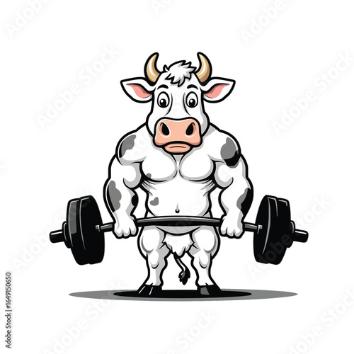 Cute Cartoon Cow Lifting barbell Mascot Vector