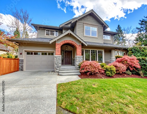 Classic American two-story house with a garage and well-maintained green lawn, surrounded by colorful landscaping on a sunny day.