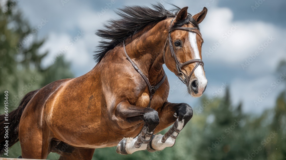 Obraz premium Horse leaping gracefully over a jump in an outdoor arena during a sunny day with cloudy skies