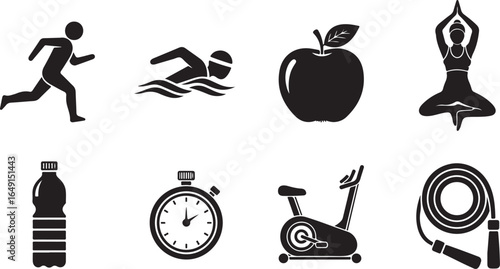 Vector art of collection of fitness and health icons including running, swimming, apple, yoga, water bottle, stopwatch, exercise bike, and jump rope, isolated on white background