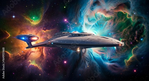 Fototapeta Naklejka Na Ścianę i Meble -  Starship exploration galaxy nebula cosmos universe spaceship adventure interstellar journey light speed travel