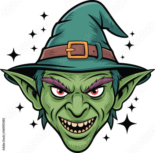 Cartoon goblin face, green monster smile, wicked fantasy creature, Halloween goblin, evil expression, pointy ears, enchanted grin, spooky head