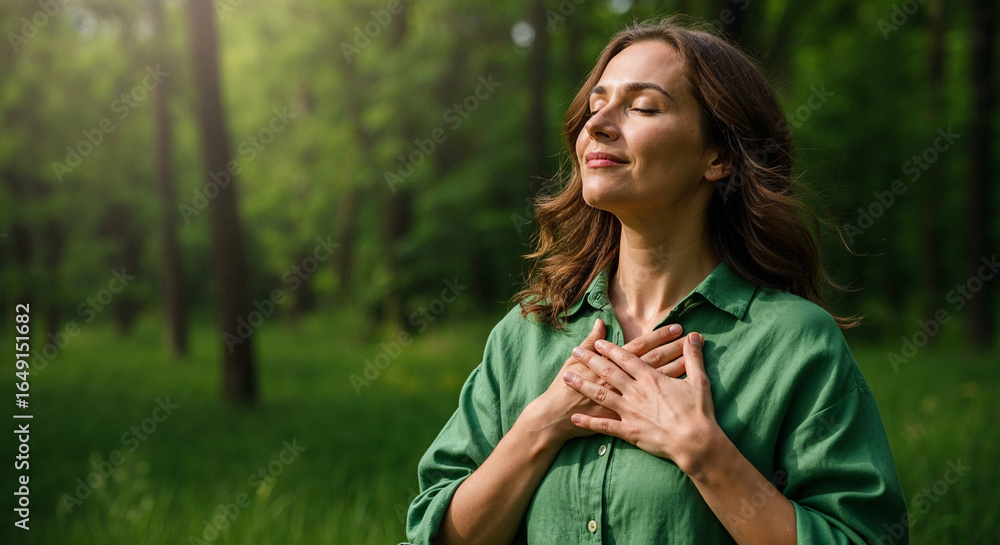Fototapeta premium Emotional Woman in Green Shirt Outdoors, Nature Embrace, Serene Forest Setting, Lifestyle Photography