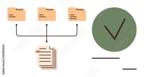 Three connected folders linked to documents and a green approval checkmark represent data organization, workflow, and validation. Ideal for project planning, filing, collaboration, approvals, task