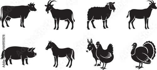 Vector art of collection of farm animals and livestock in silhouette, including a cow, goat, sheep, pig, horse, donkey, chicken, and turkey, isolated on white background