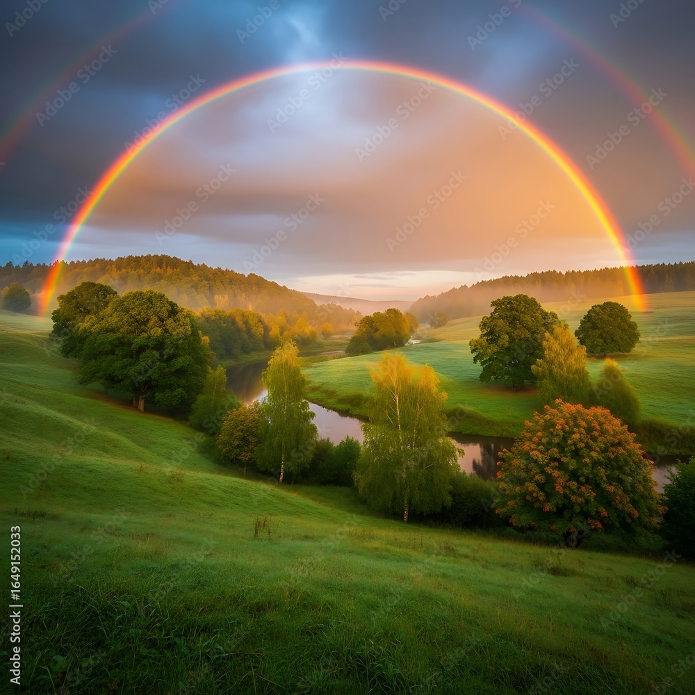 Naklejka premium Majestic Rainbow Arcs Over Misty Landscape with River and Trees