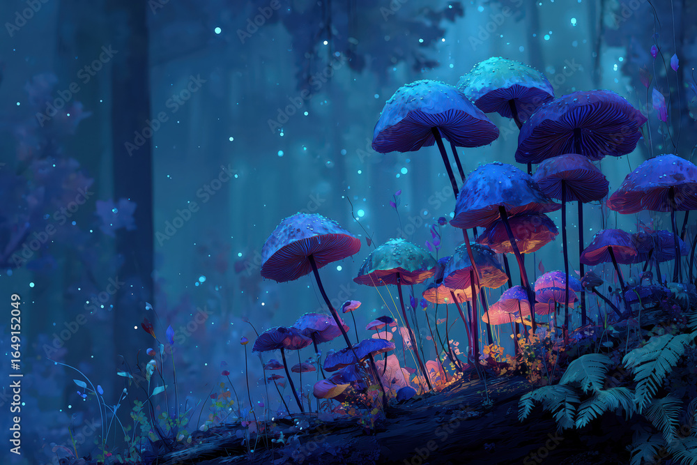 Fototapeta premium Fantasy Forest with Glowing Mushrooms at Night