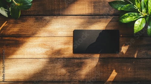Black tablet on a wooden table, sunlit