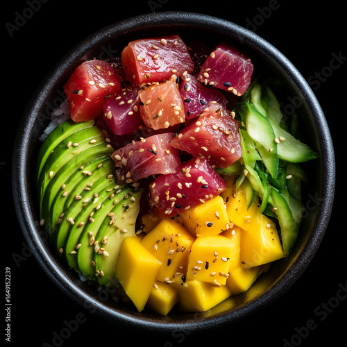 Fresh Poke Bowl with Tuna, Avocado, Mango and Cucumber
