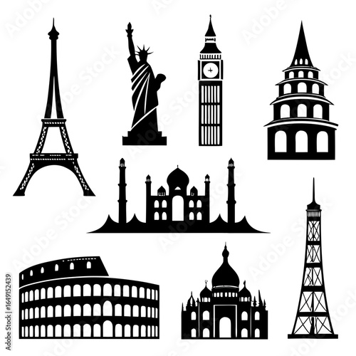 Black silhouettes of famous global landmarks and architectural structures Eiffel Tower