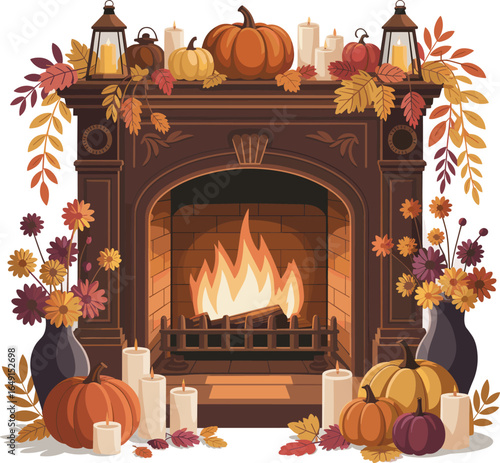 Cozy fall fireplace scene, autumn mantel decor, pumpkins and candles, seasonal hearth illustration, rustic Thanksgiving atmosphere