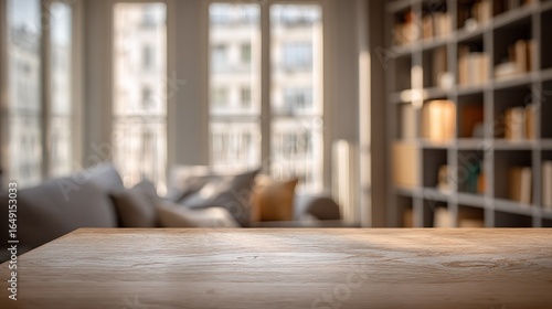 Close-up of empty wooden table with visible grain texture, natural light creating soft shadows against blurred living room sofa and bookcase background.