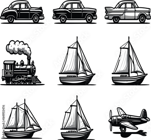 Collection of vintage transportation icons including classic cars, a steam train, sailboats, and an airplane style vector illustration EPS file download