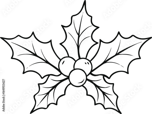 Christmas holly sprig with berries, coloring page for kids. A black and white line art vector illustration of a festive plant. A printable outline drawing for a holiday activity book or winter design.