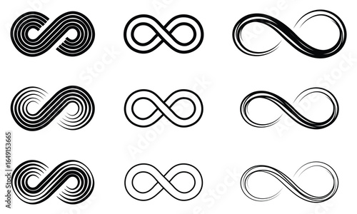 Infinity icon vector set. Vector abstract minimal element.  Eternal or endless sign in outline and brush stroke or ink. Infinity, eternity, infinite, endless, loop symbols. Vector illustration.
