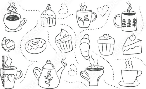 Hand drawn tea time doodle vector set, kettles, cups, sweets and tea,  flat style vector, Vector illustration 