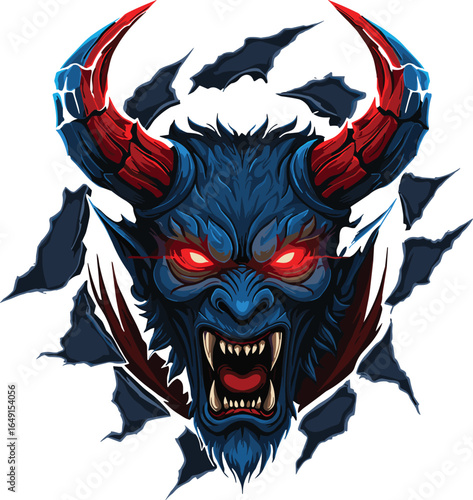 Demonic monster illustration, red glowing eyes, terrifying beast, fantasy horror art, sharp fangs, evil creature, breaking wall, scary demon face, dark background